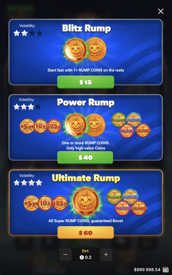موبائل کی عمودی اسکرین پر Rump And Halloween کے Buy Bonus آپشنز