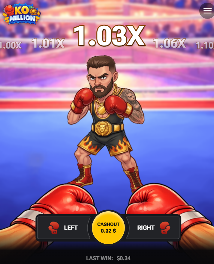 موبائل پر KO Million کے Left، Right اور Cashout بٹن