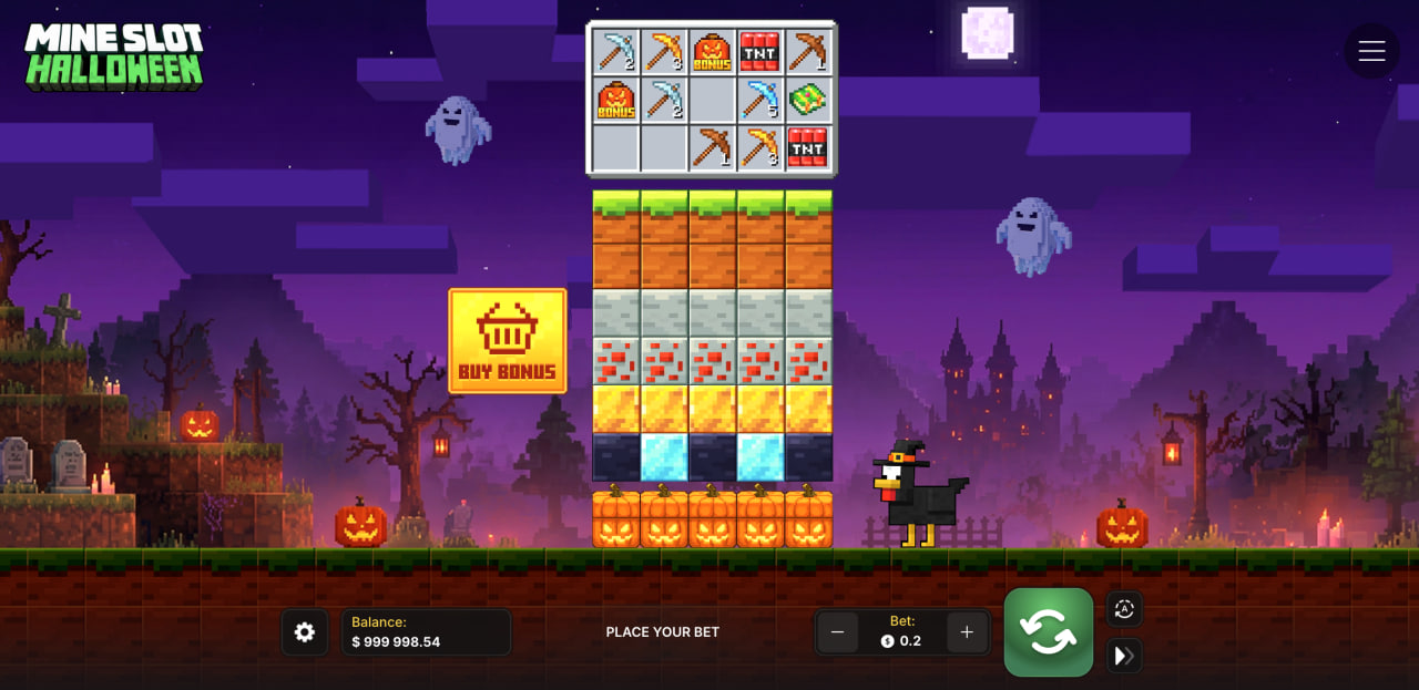 Mine Slot Halloween کی گیم اسکرین جس میں بلاکس کے کالم، اوزار اور Buy Bonus بٹن نظر آ رہے ہیں