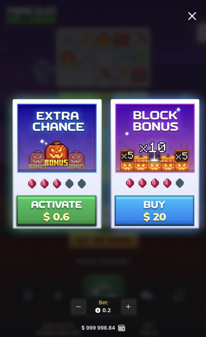 موبائل کی عمودی اسکرین پر Mine Slot Halloween کی Extra Chance اور Block Bonus ونڈو