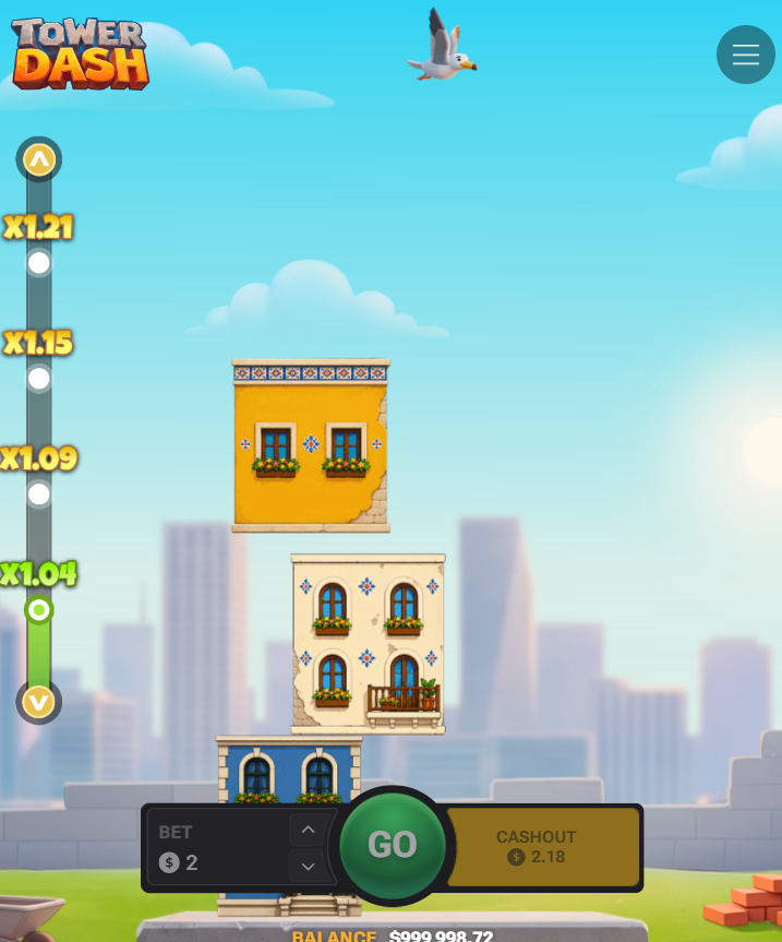 موبائل پر عمودی Tower Dash جس میں Go اور Cashout بٹن ہیں