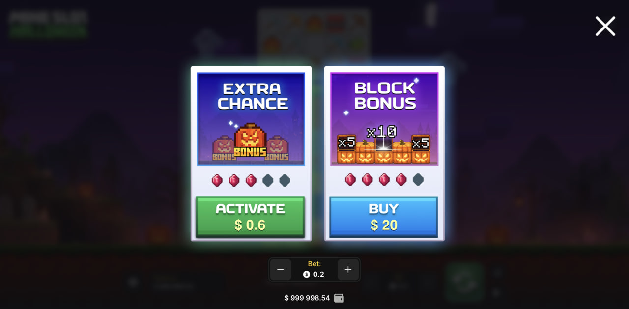 کمپیوٹر پر Mine Slot Halloween کی Extra Chance اور Block Bonus والی ونڈو