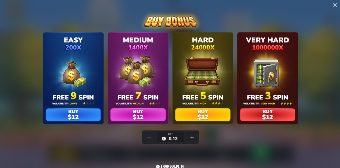 MegaBlock Empire میں Bonus Buy کی اسکرین جس میں فری اسپنز کے چار آپشنز ہیں