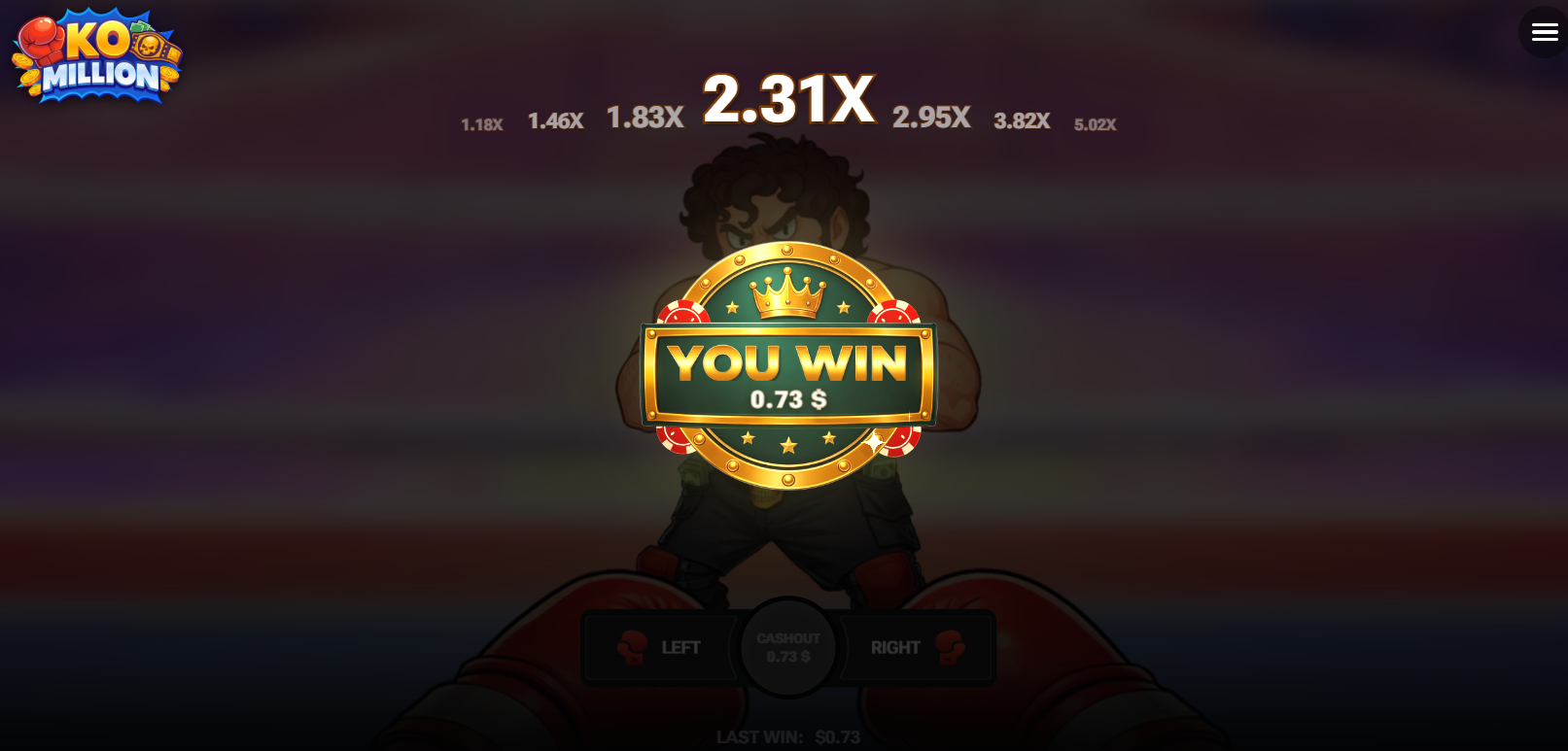 KO Million میں Cash Out کے بعد You Win کی اسکرین