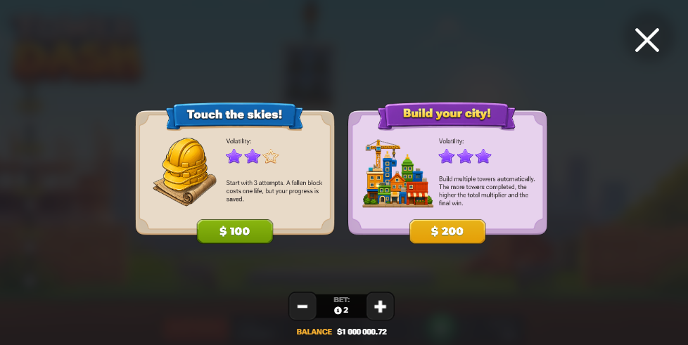 Tower Dash کے Bonus Buy مینو میں Touch the skies اور Build your city آپشنز