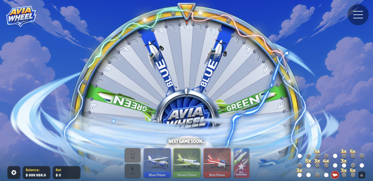 Avia Wheel review demo casino game ڈیسک ٹاپ اسکرین پر پہیہ اور تین طیاروں کے کارڈ