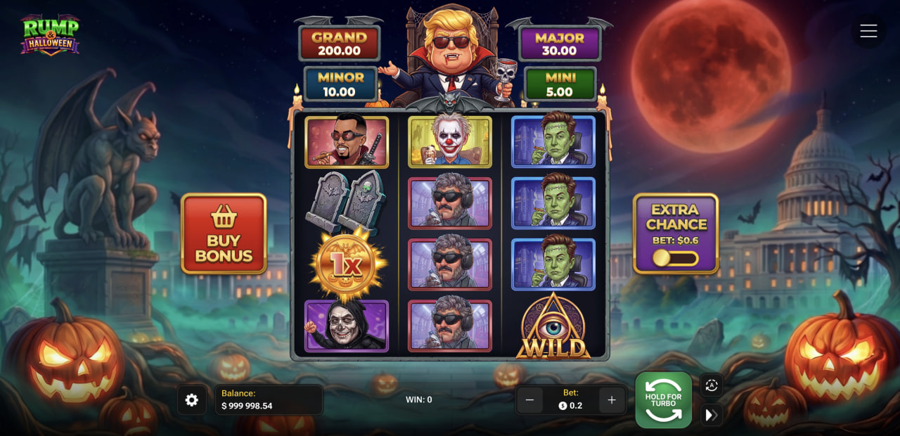 Rump And Halloween کی گیم اسکرین جس میں گرڈ، چار جیک پاٹس، Buy Bonus اور Extra Chance دکھائی دے رہے ہیں