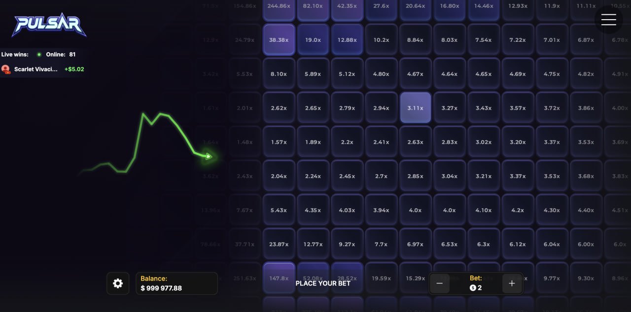 Pulsar review demo casino game بنفشی خانوں کی گرڈ، ضرب اور سبز لہر کا راستہ